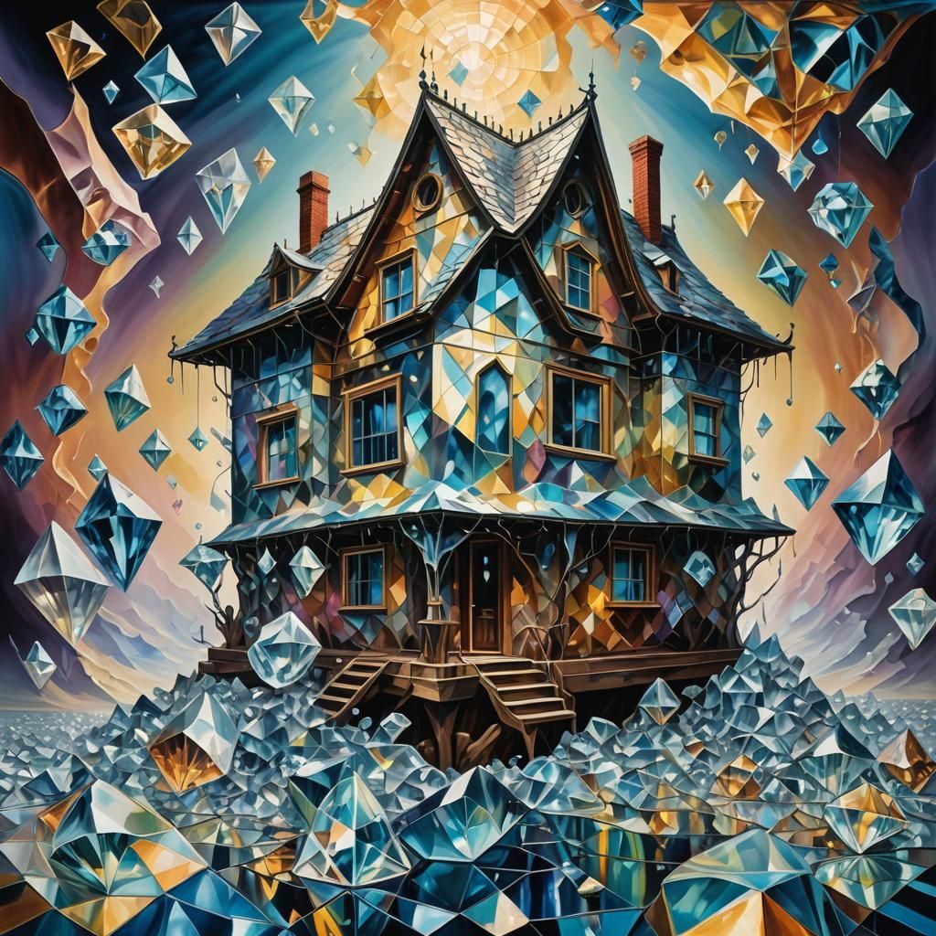 Diamond House in Surrealist Oil Painting Style
