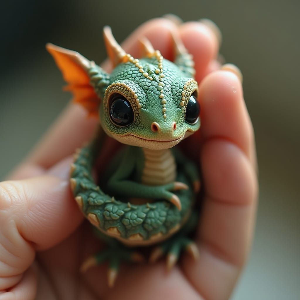 Tiny Dragon Wrapped Around Gentle Hand in Hyper-Realistic St...