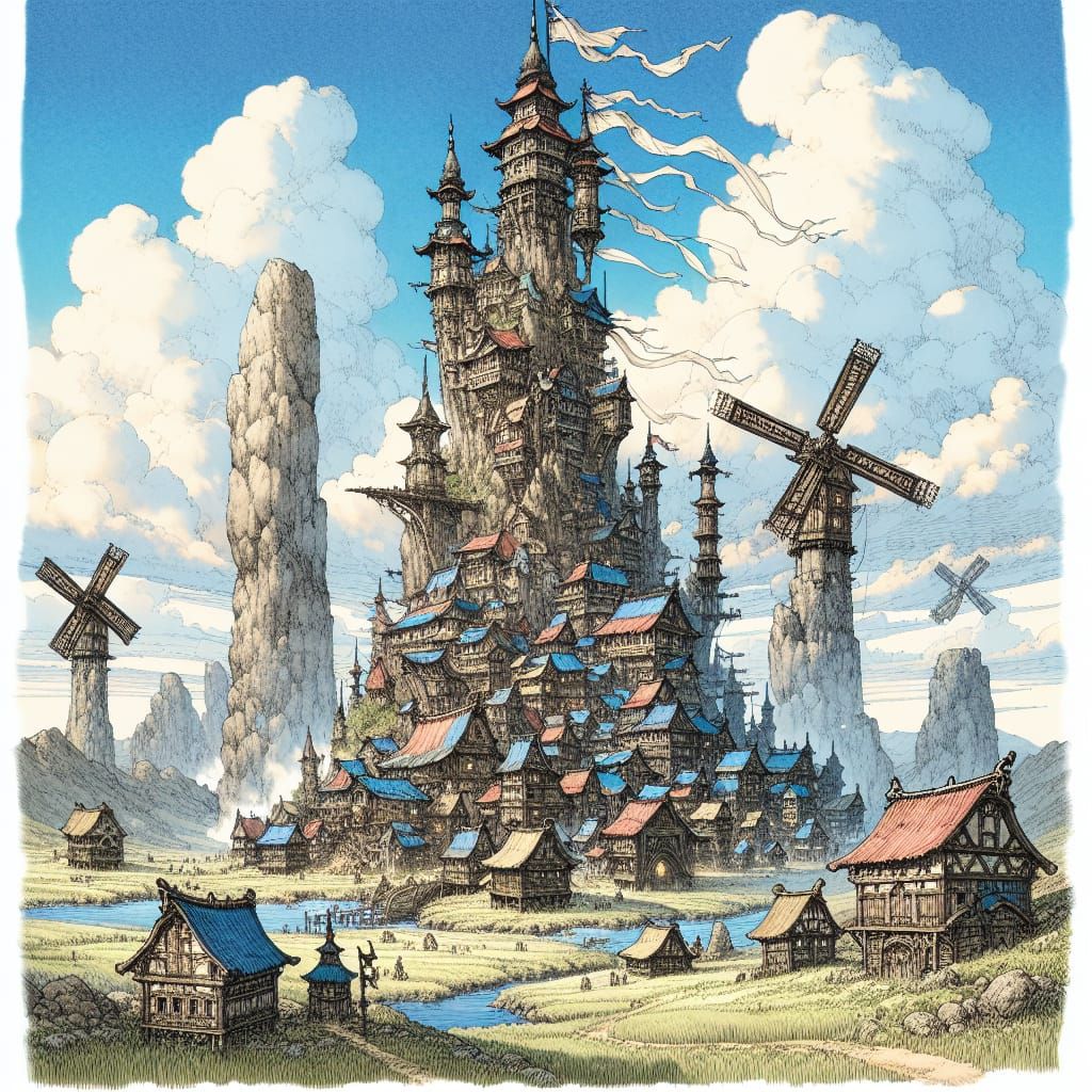 Fantasy Tower Village on Rock Pillar in Anime Style
