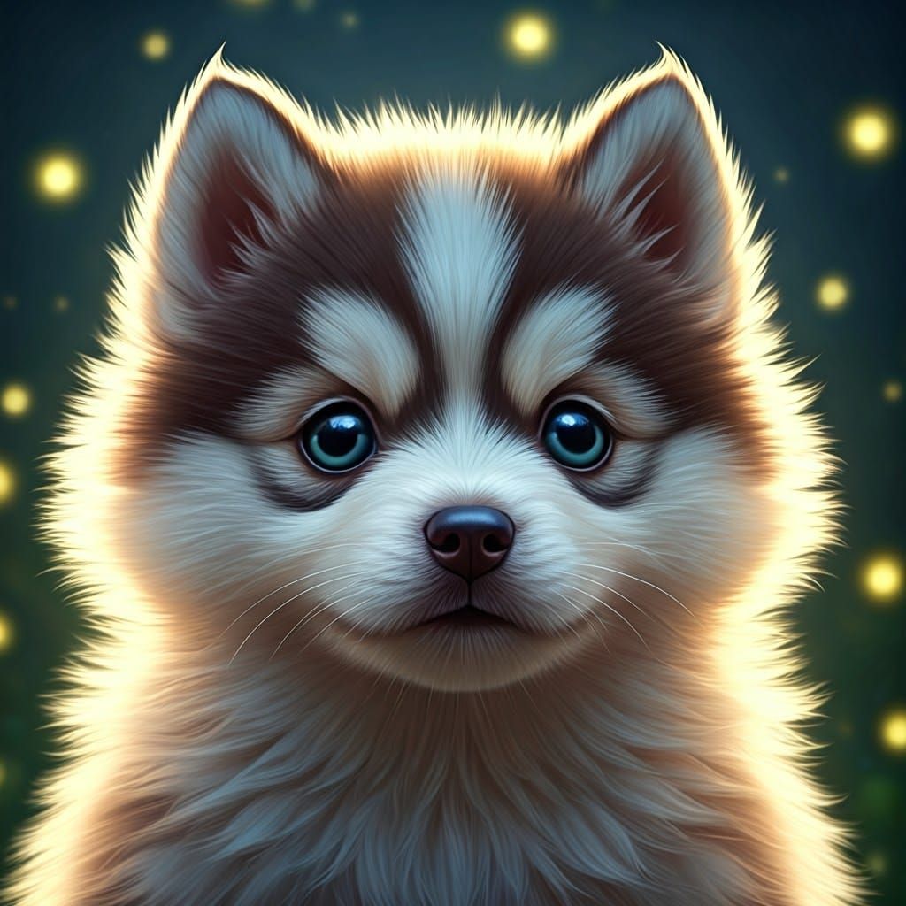 Adorable Pomsky Puppy with Fireflies