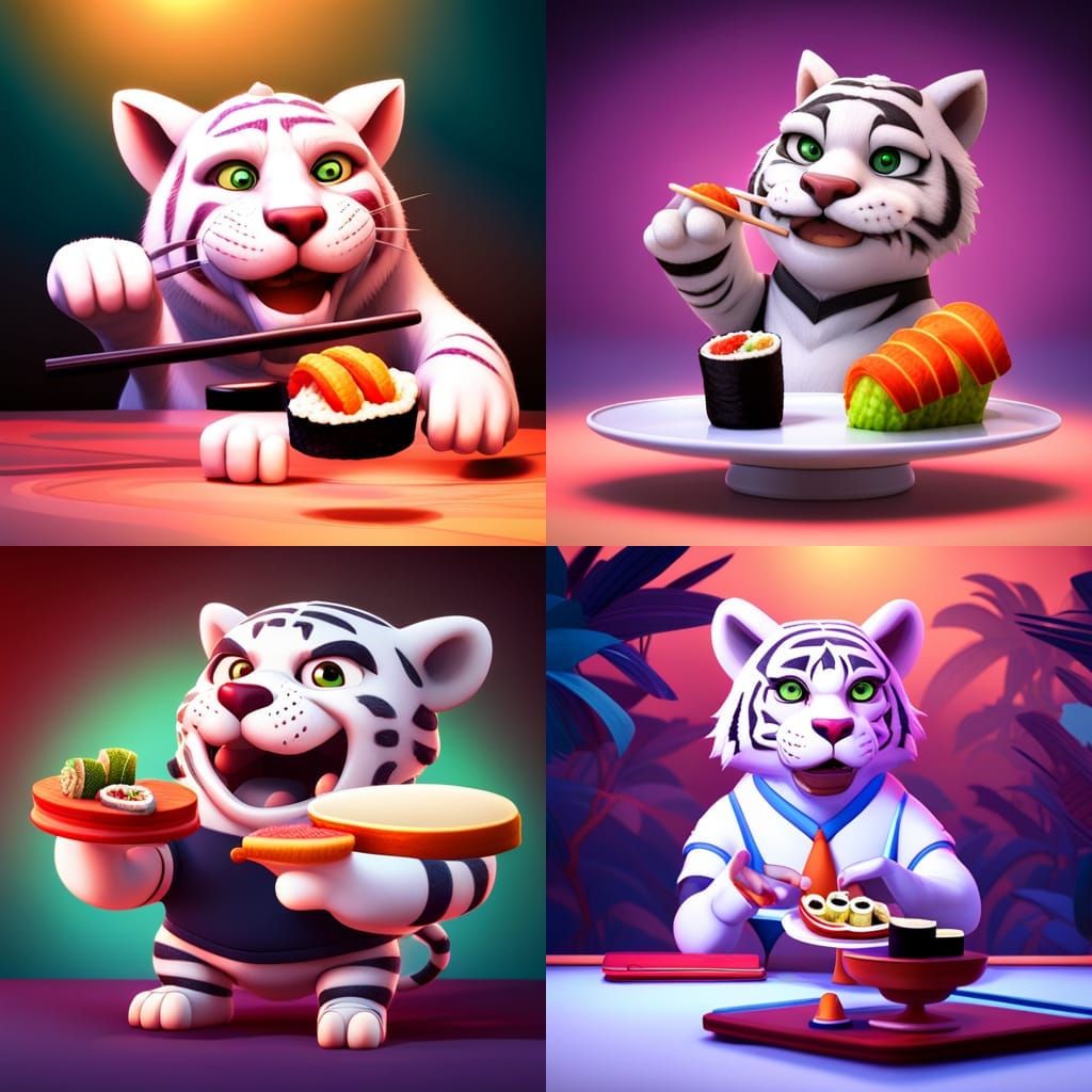Cartoon White Tiger Eating Sushi: 3D Digital Art