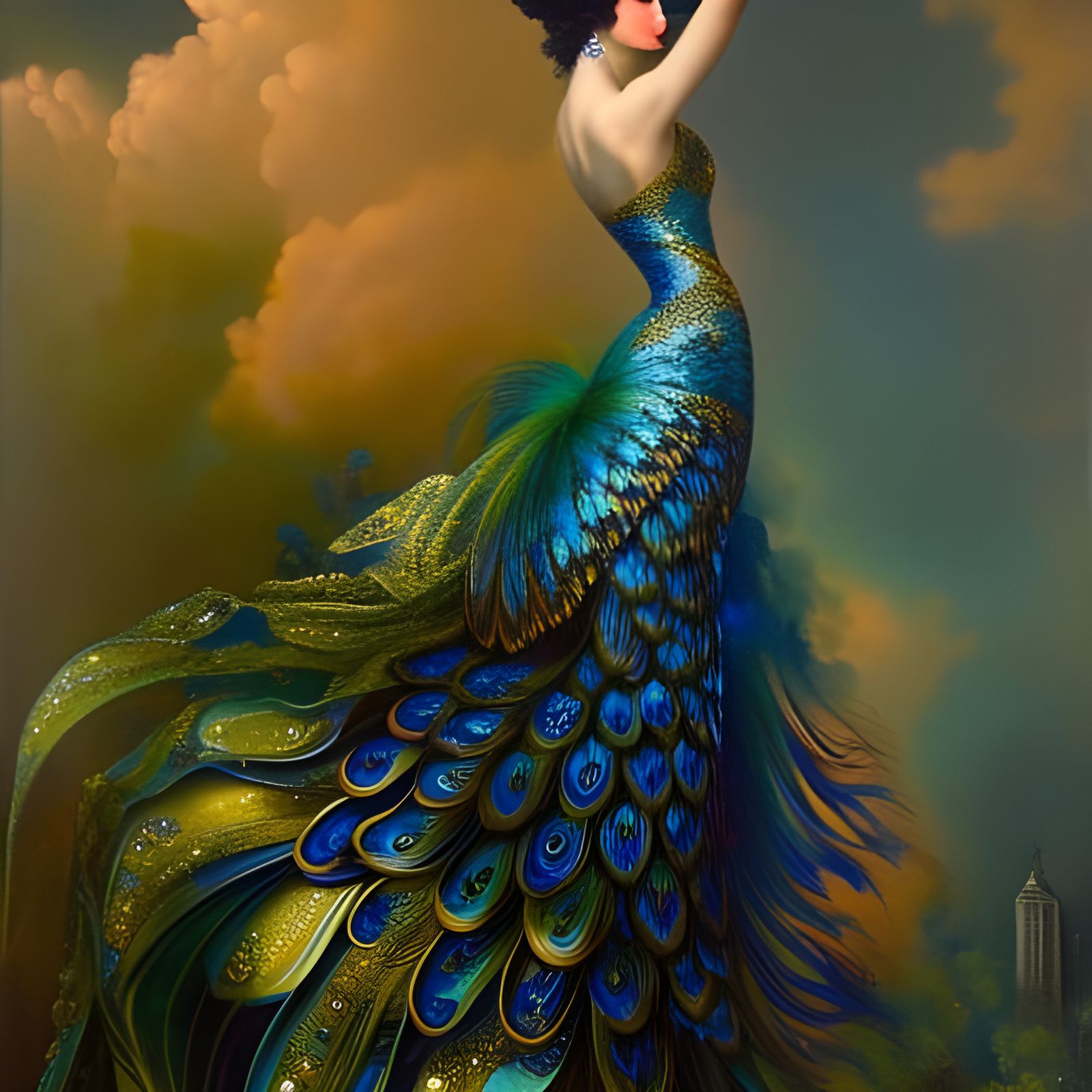 Peacock Goddess in Surrealist Oil Painting Style