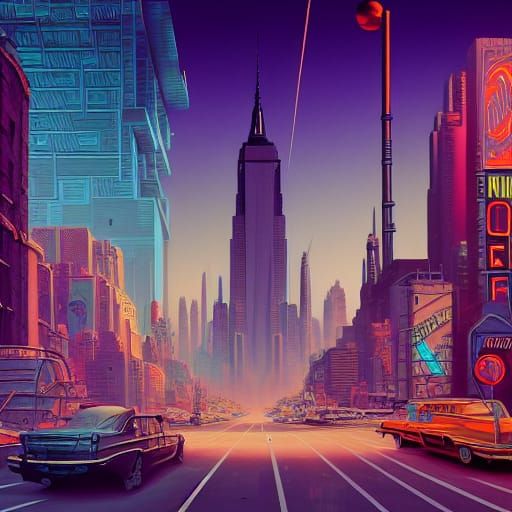 Retrofuturistic New York Cityscape in Digital Art Style