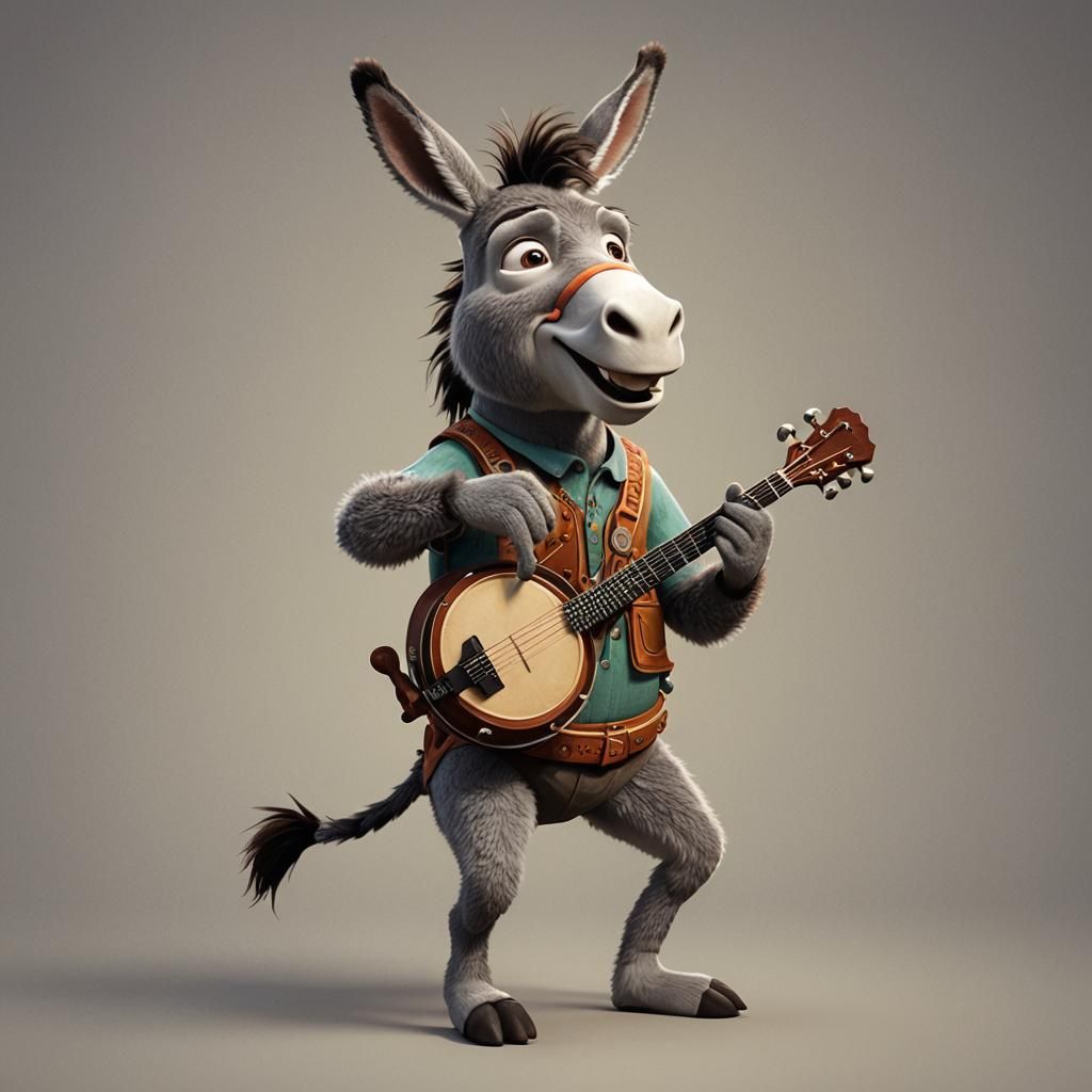 Donkey Playing Banjo in Pixar Style