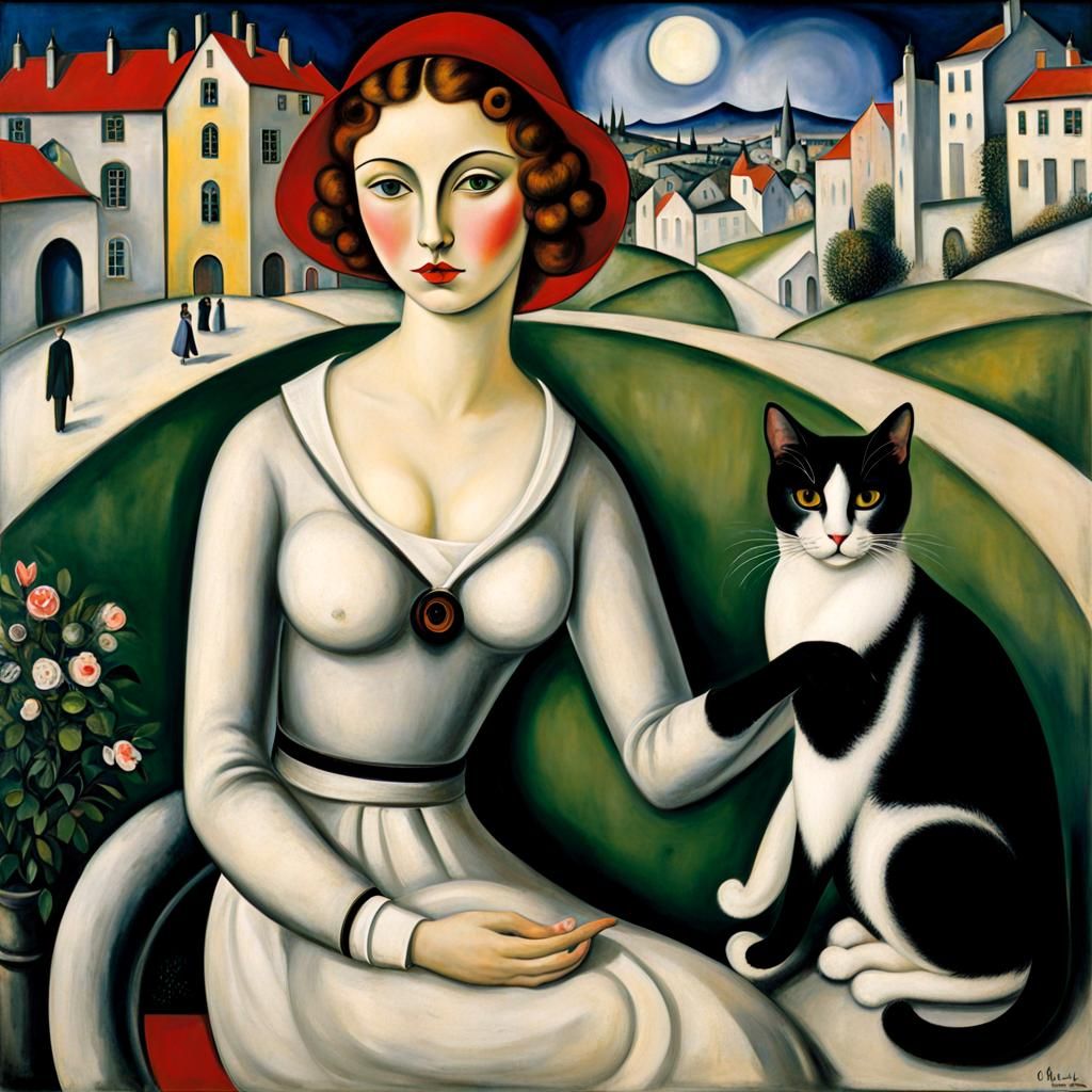 Whimsical cat, Marc Chagall, Paul Delvaux, Tamara de Lempicka