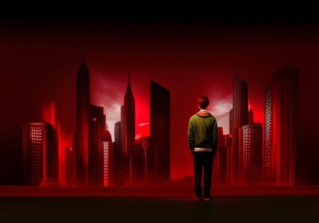 Futuristic Red Street Scene with Teenager in HDR