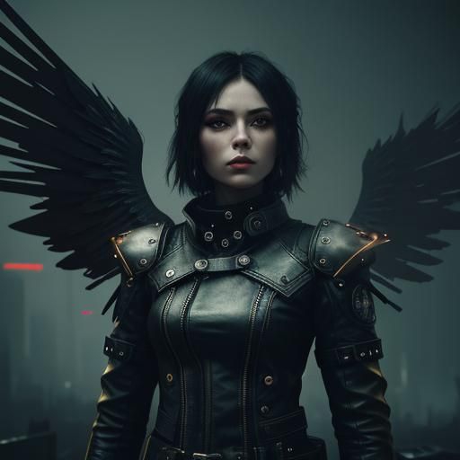 Heartpunk Angel with Neon Wings in Steampunk Scene