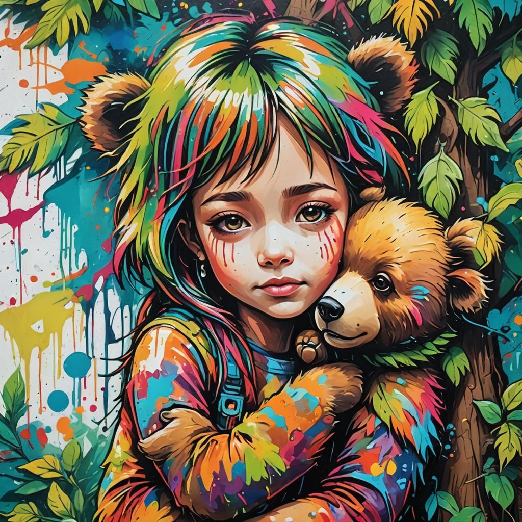 Graffiti Art: Child Hugging One-Eyed Bear