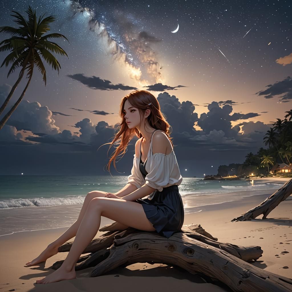 Auburn Haired Woman Contemplates Universe in Anime Art