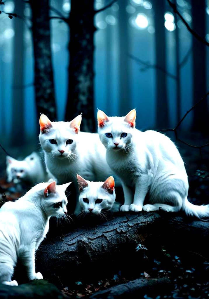 Gothic White Cats in Moonlight Forest