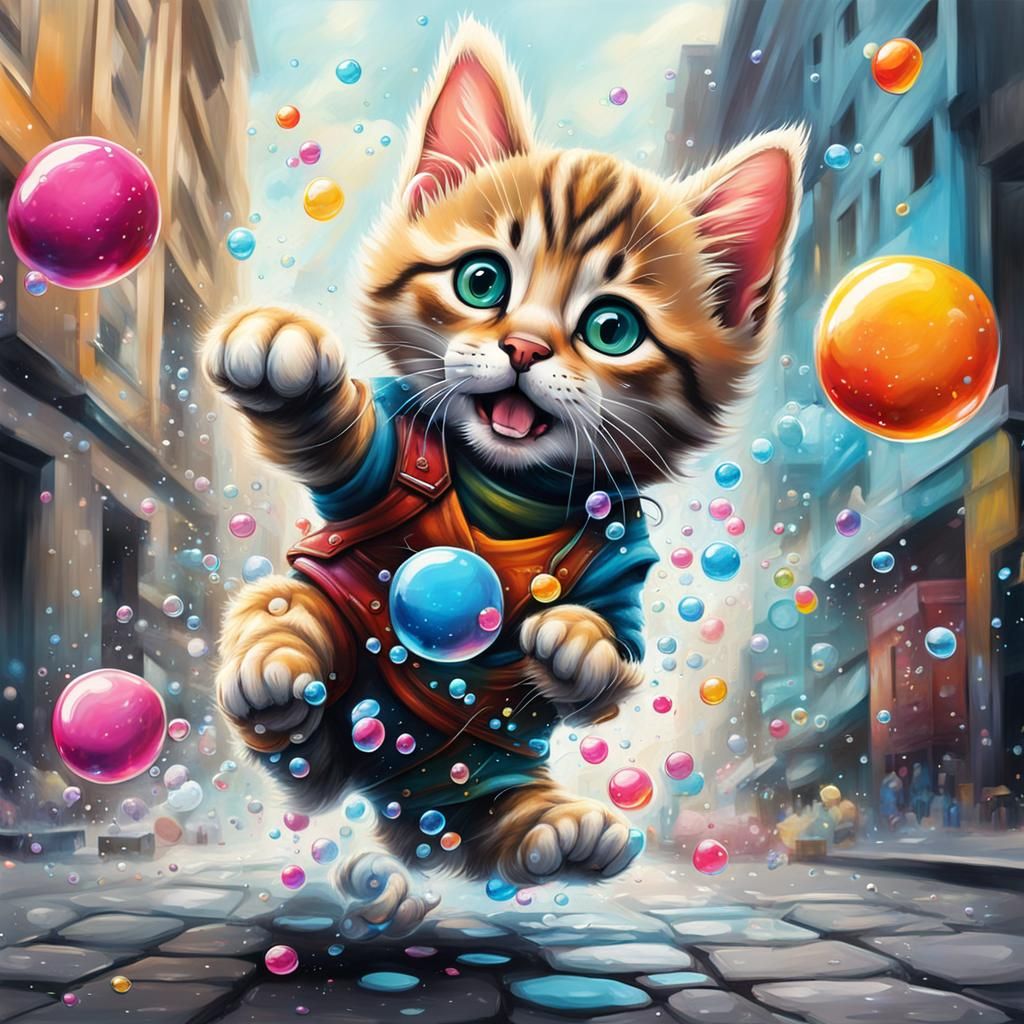 Cute Kitten Chasing Bubbles in Graffiti Street Art
