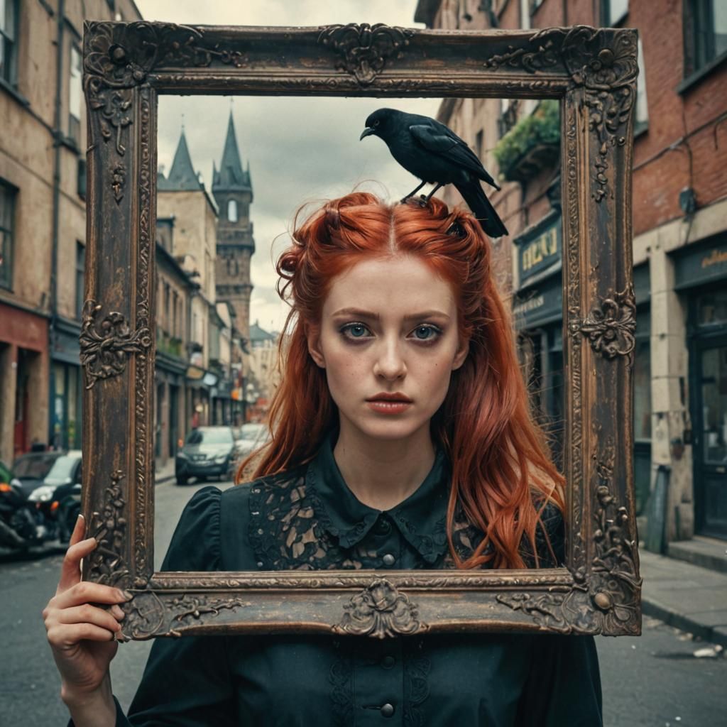 Woman Holding Portrait with Bird, Matte Painting