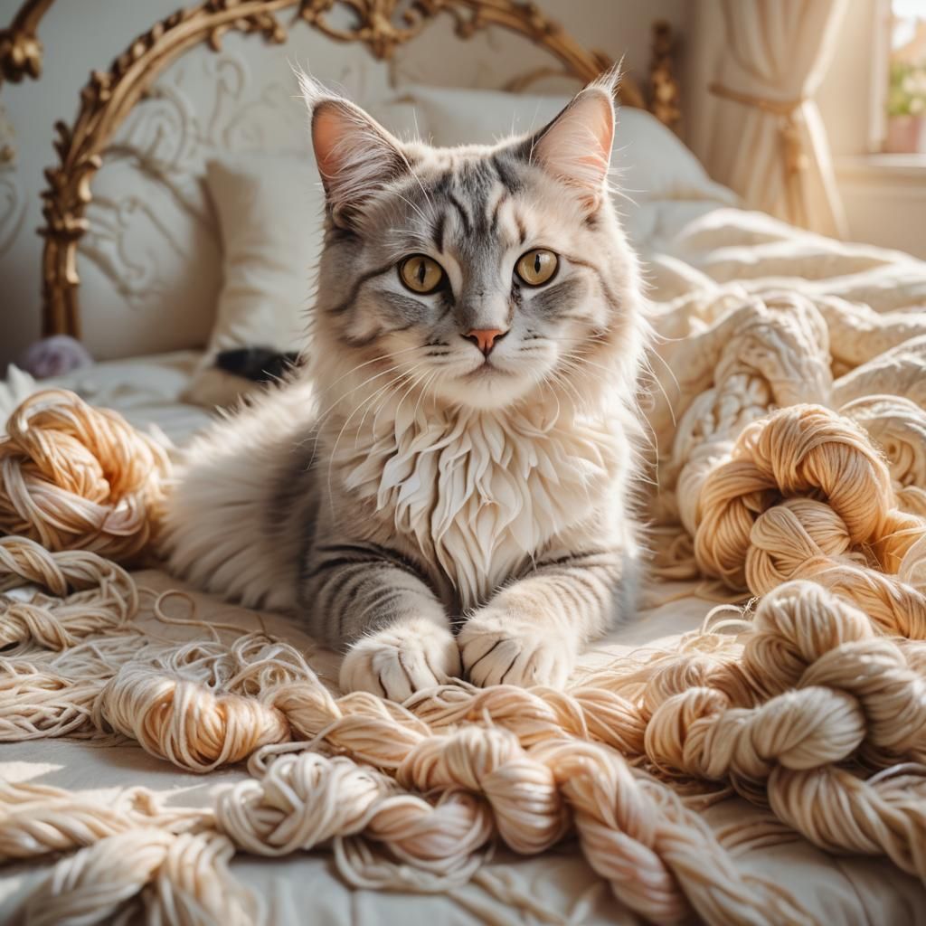 Cat Plays with Yarn in Watercolor Art Style