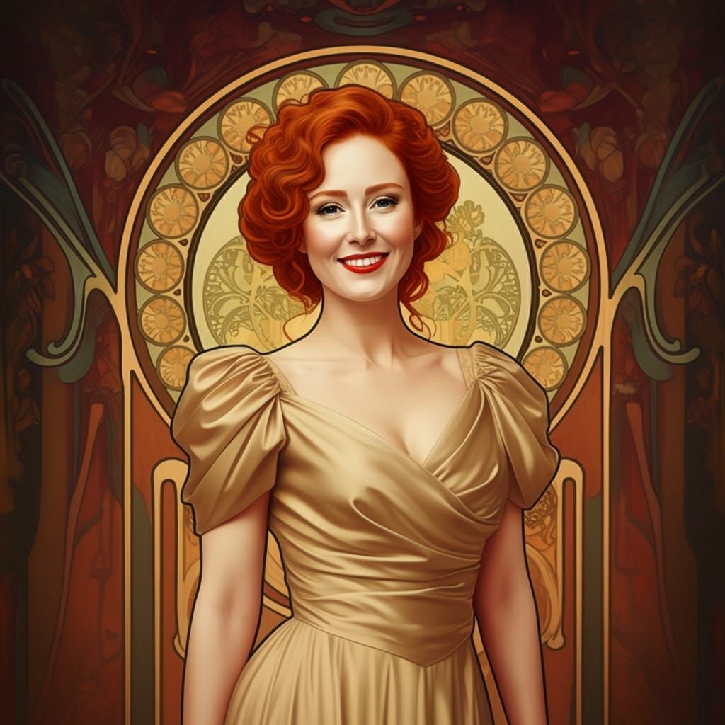 Elegant Redhead at Beauty Pageant in Art Nouveau Style