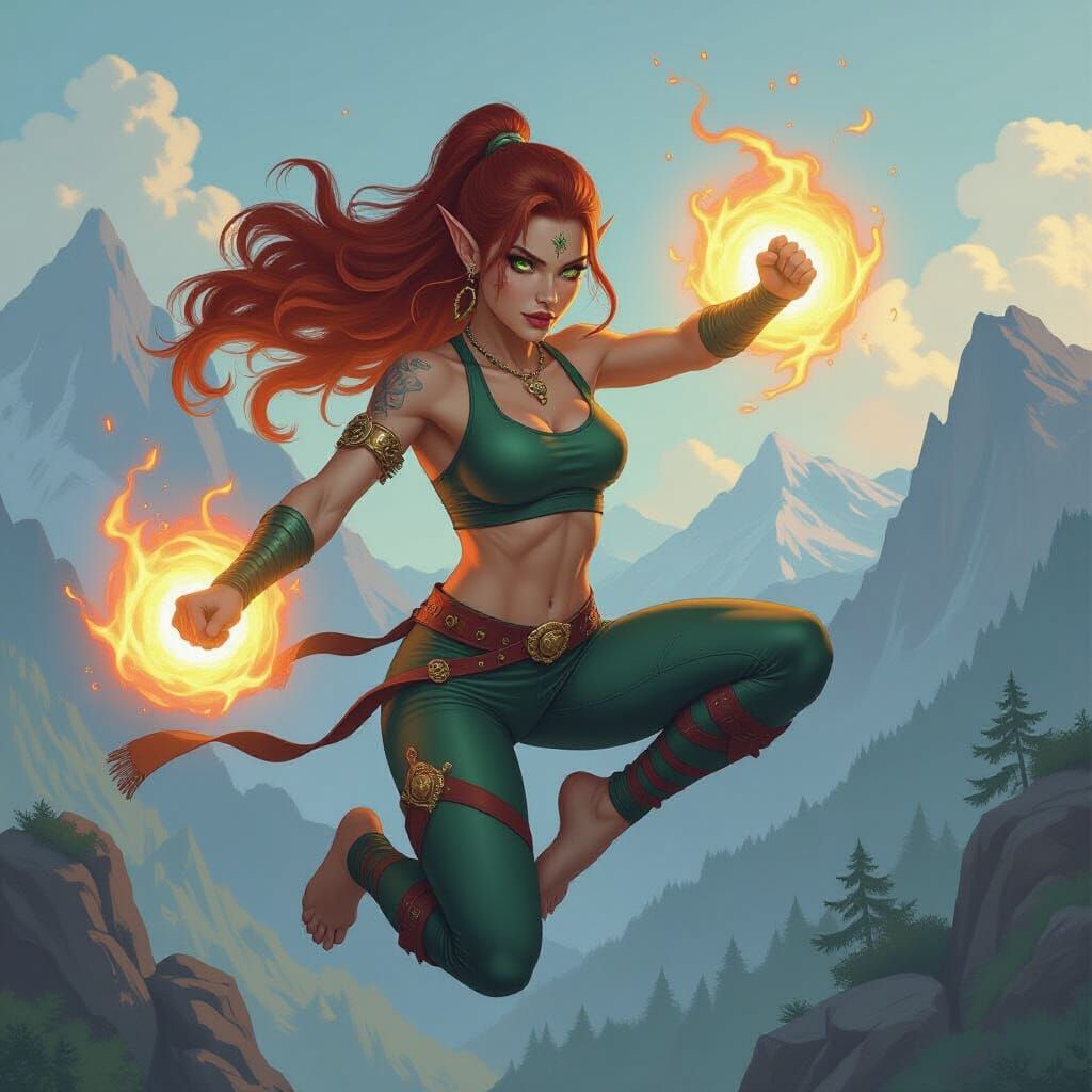 Dynamic Elf Leaps with Glowing Energy, Oil Painting
