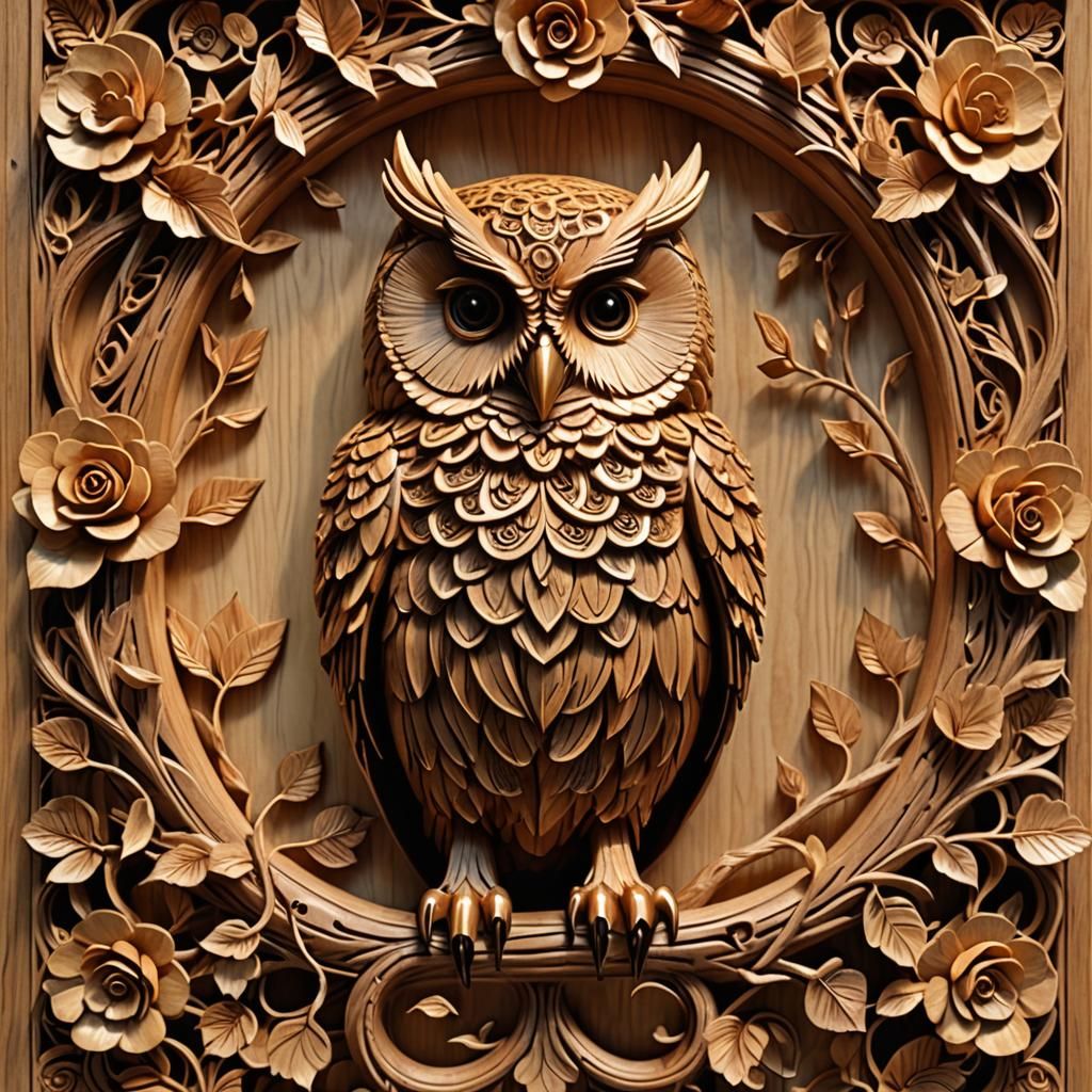Intricate Wood Carving of an Owl with Roses