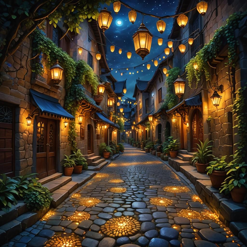 Mystical Gemstone Street at Night