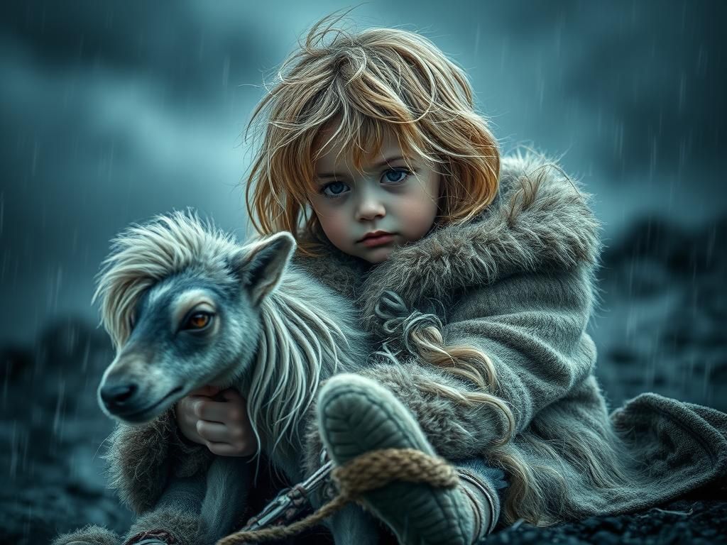 Child and Magical Animal in Storm, as Matte Painting