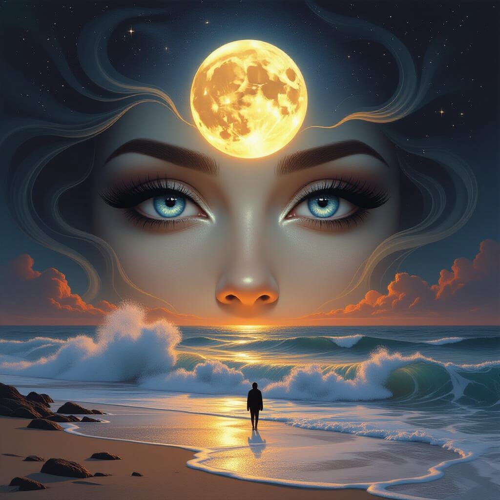 Surreal Cosmic Face with Moon and Molten Waves