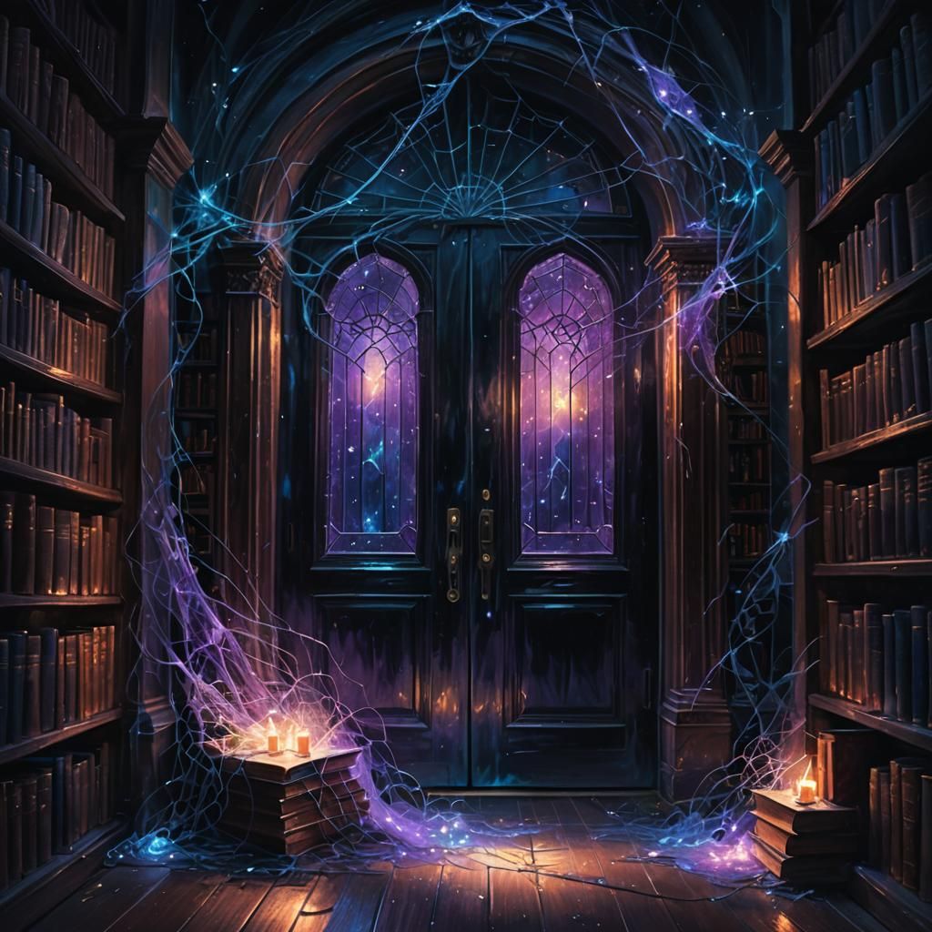 Mystical Surrealism: Ethereal Doorway in a Dark Library