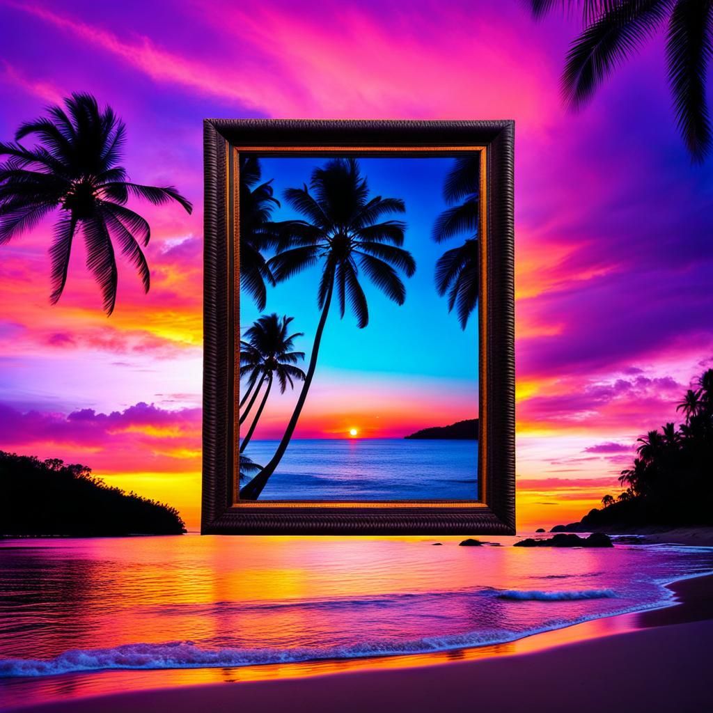Tropical Beach Sunset Framed by Palms
