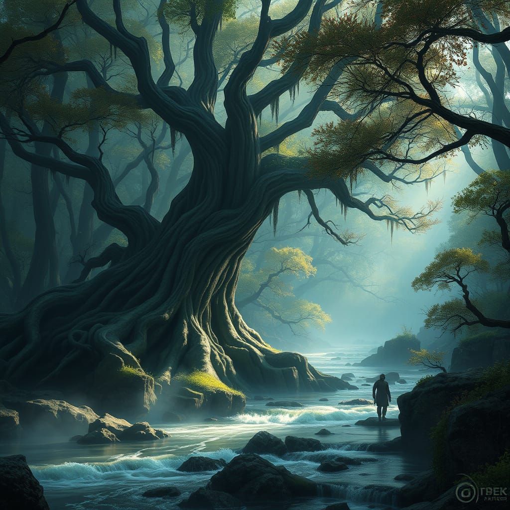 Mystical Silverwood Forest Scene in Deep, Rich Colors