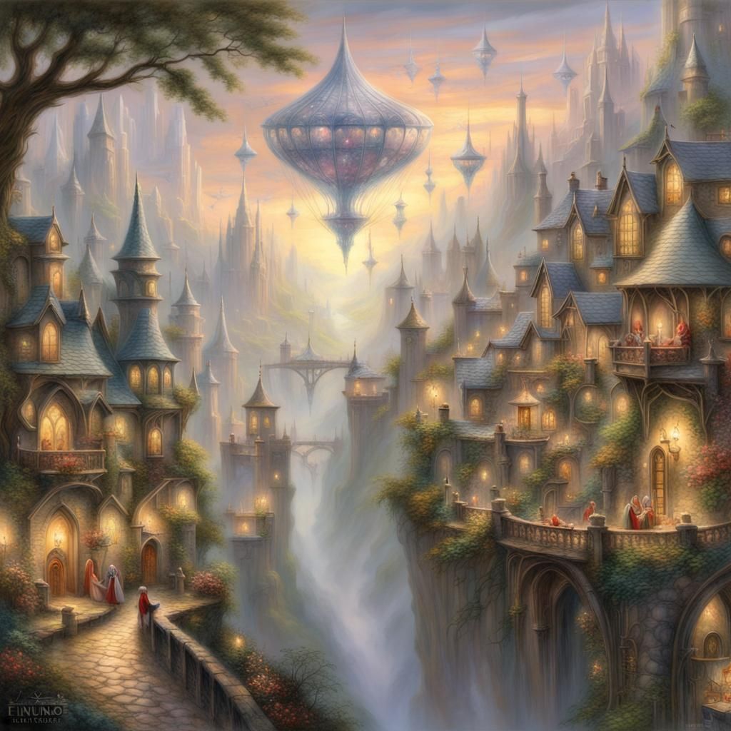 Ethereal Elvish Flying City in Fantasy Landscape