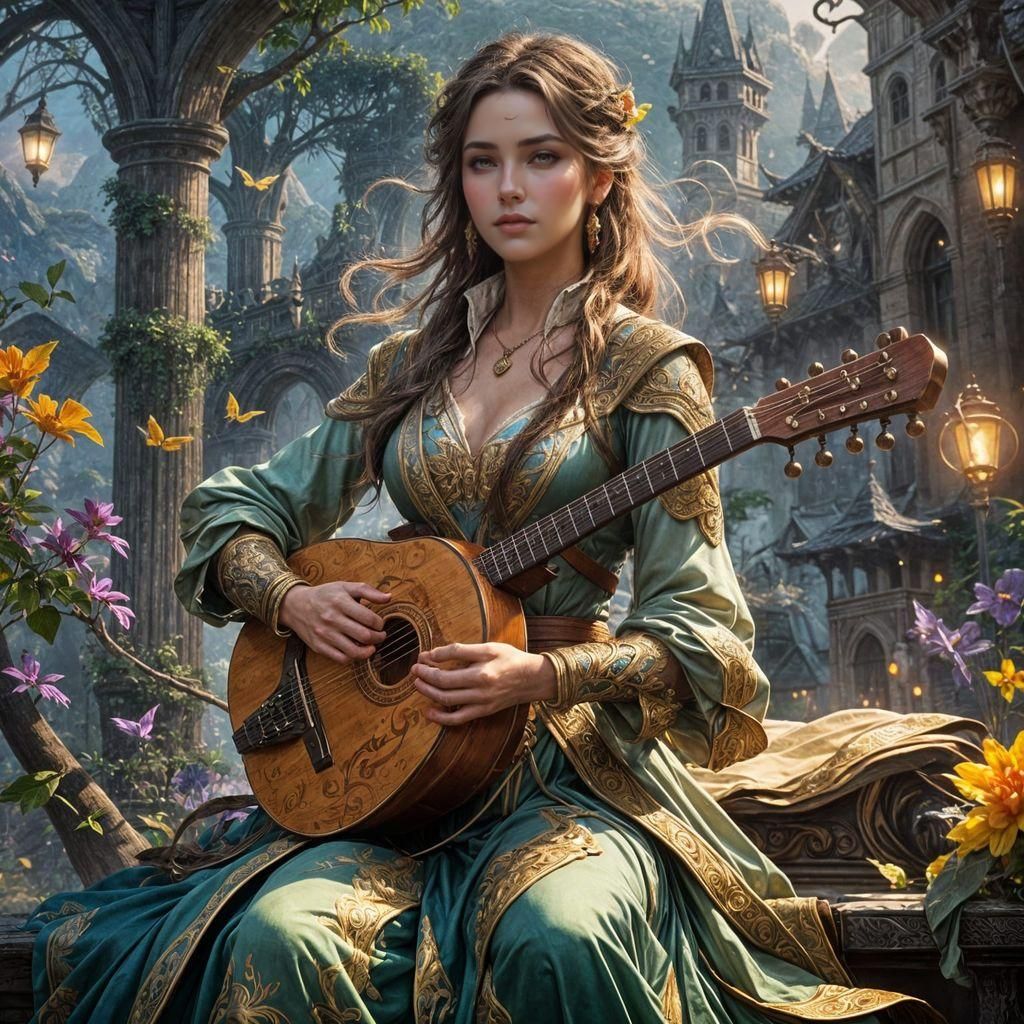 Fantasy Bard Casting Musical Magic, Digital Art