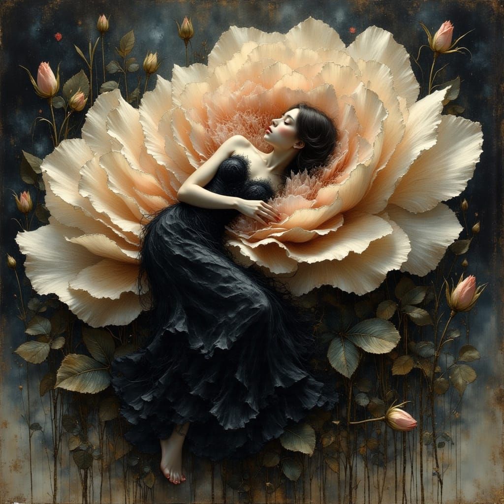 Woman Sleeping in Giant Rose Petals in Moody Twilight