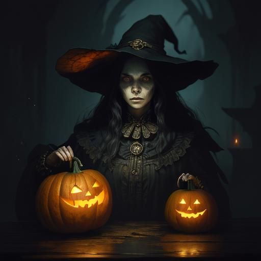 Hamster Witch on Glowing Pumpkin in Dark Fantasy Style