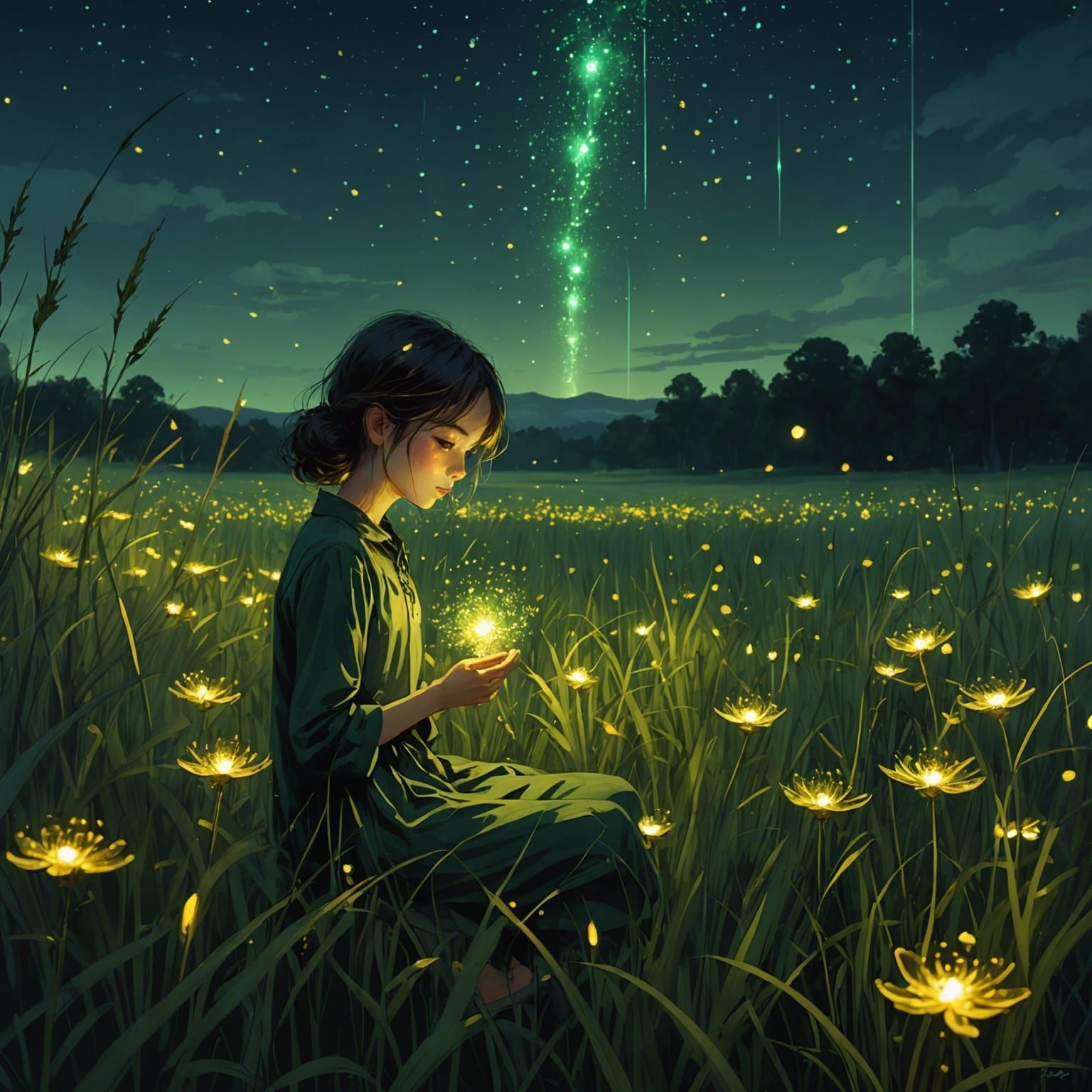 Firefly Flower Field at Night in Anime Style