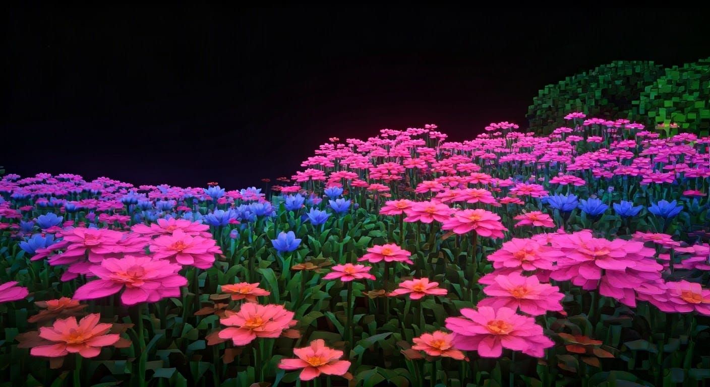 Neon Futuristic Flower Garden in Glitch Art Style