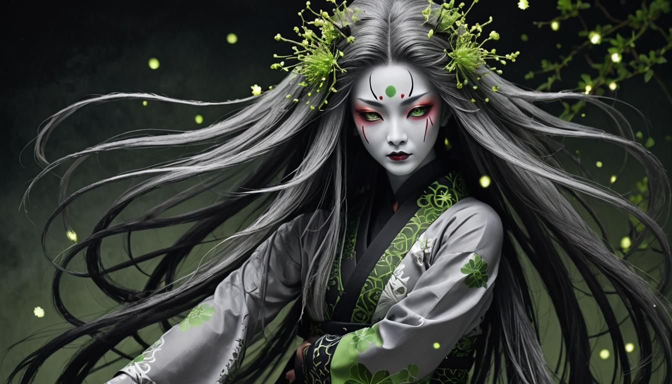 Ethereal Kabuki Woman with Peacock Feathers