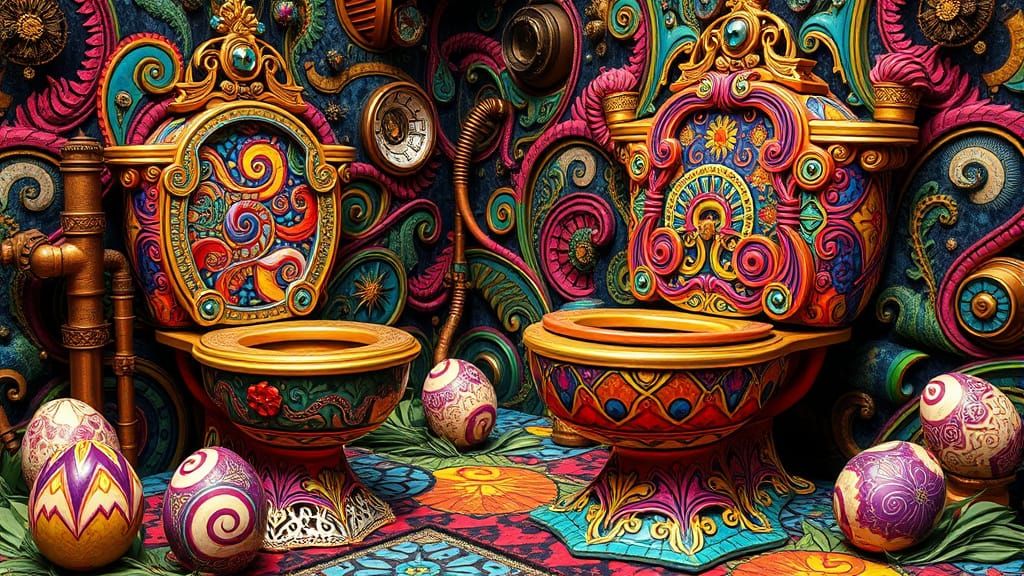 Steampunk Easter Egg Toilets in Whimsical, Surreal Style