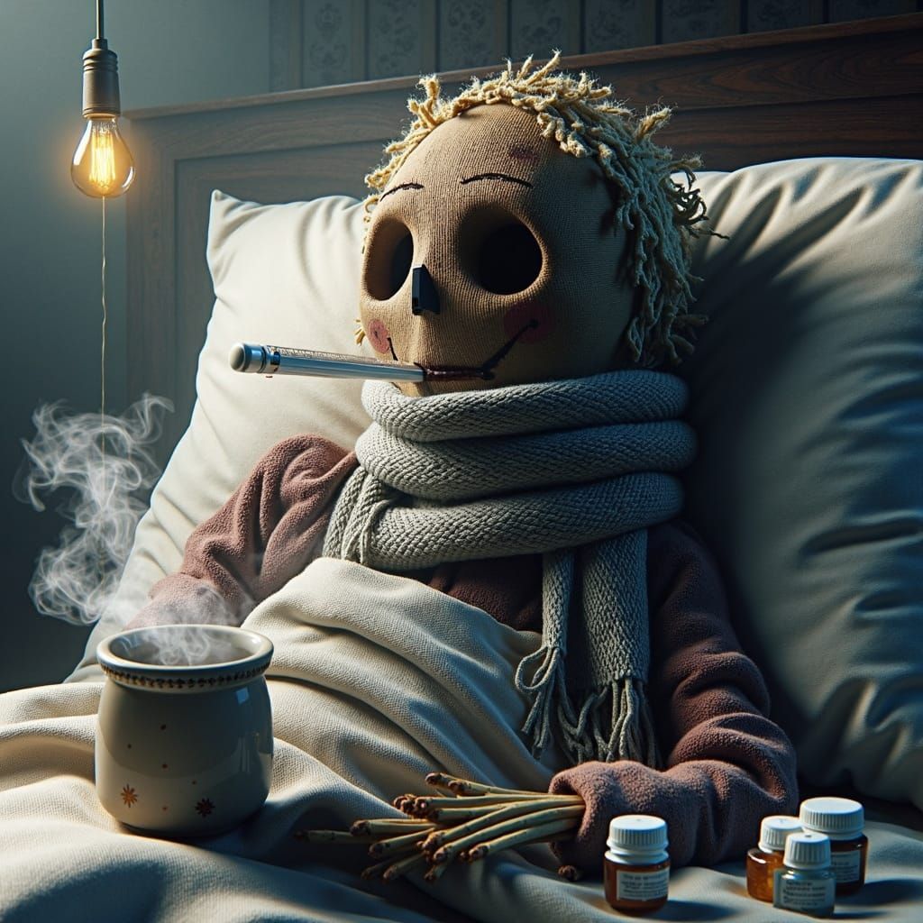 A sick scarecrow lies sweating in a bed, the scarecrow has a thermometer in his mouth and a scarf around his neck. There...