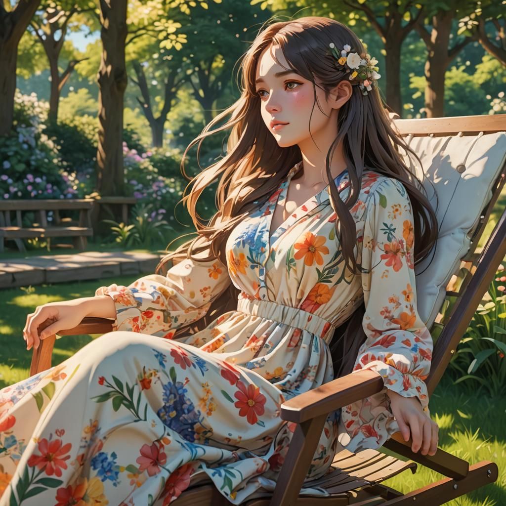 Anime Woman in Floral Dress Overlooking Lawn