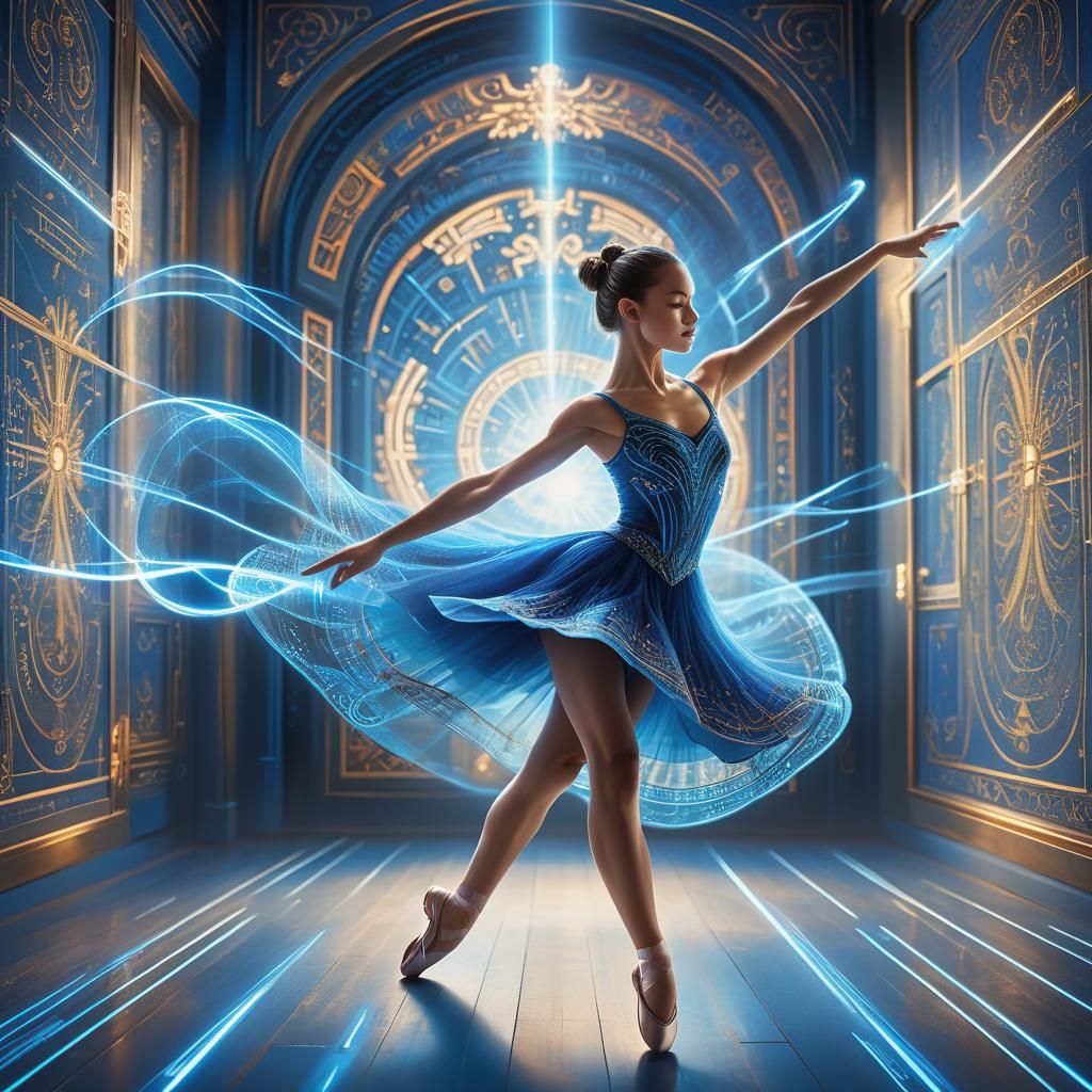 Ballet Dancer Twirls in Blue Laser Energy