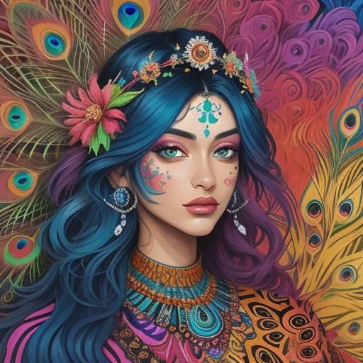 Psychedelic Woman Portrait with Peacock Feathers in Oil Pain...