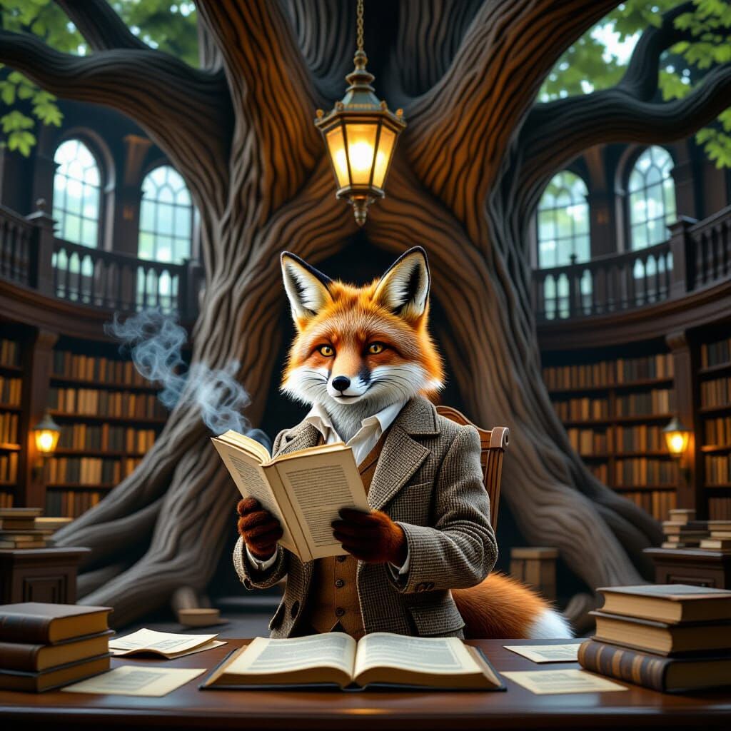 Fox Scholar in Oak Tree Library, Rackham-esque Illustration