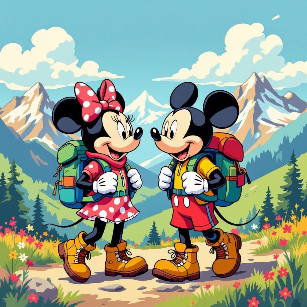 Mickey and Minnie Hike in Miyazaki Style