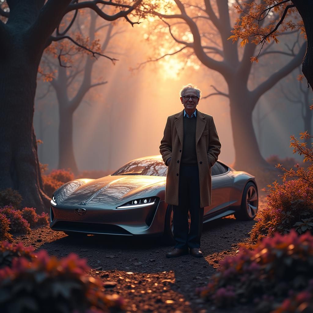 Futuristic Electric Vehicle in Mystical Forest, Matte Painti...