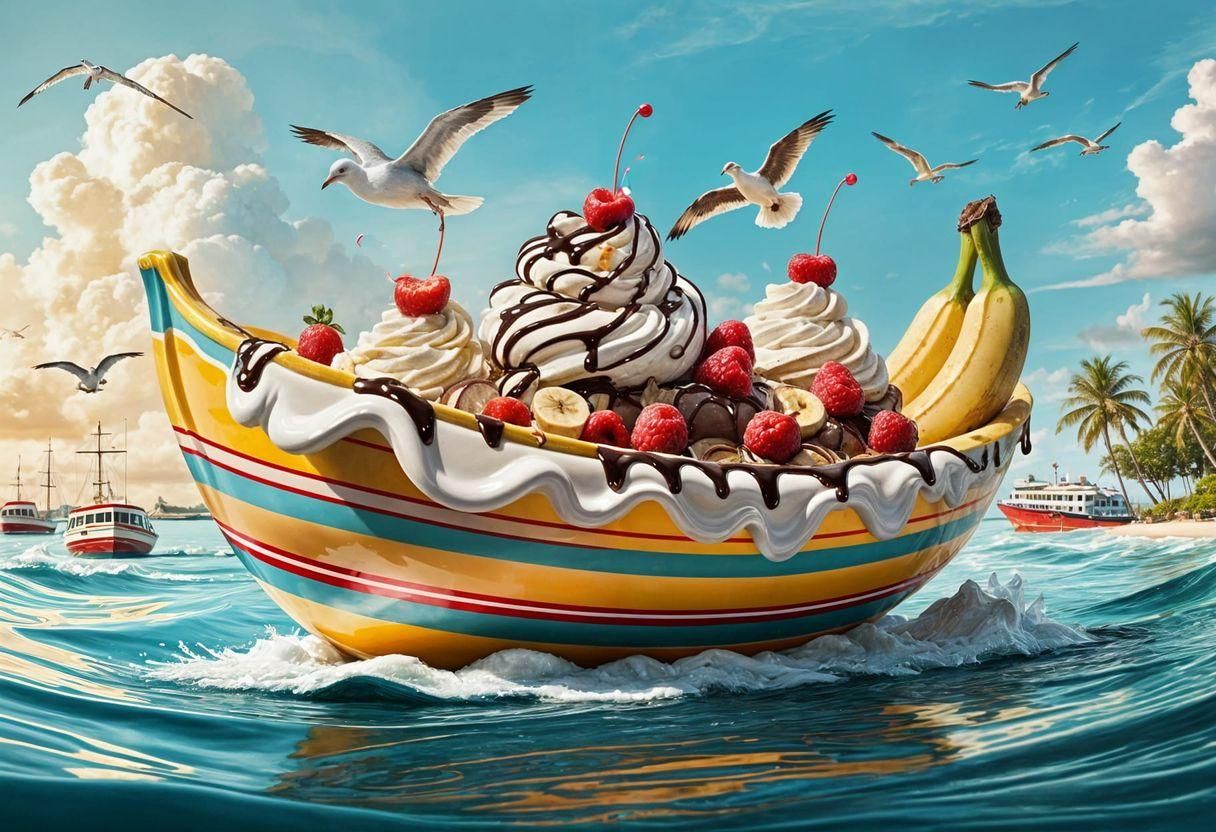 Giant Banana Split Boat in Ocean, Illustrated