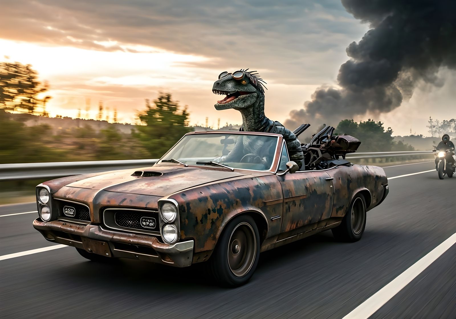 Velociraptor Races Weaponized GTO on Post-Apocalyptic Highwa...