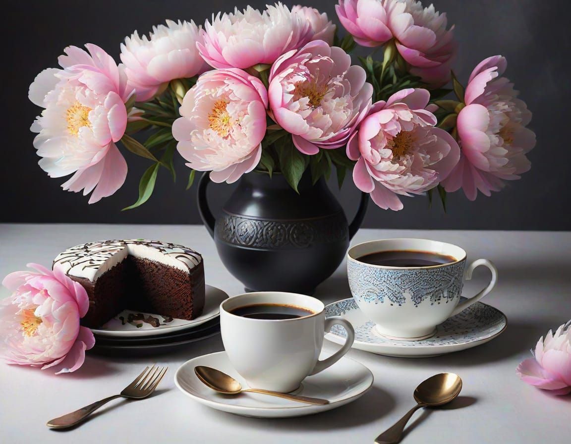 Vibrant Pink Peonies and Rich Chocolate Cake in Elegant Stil...