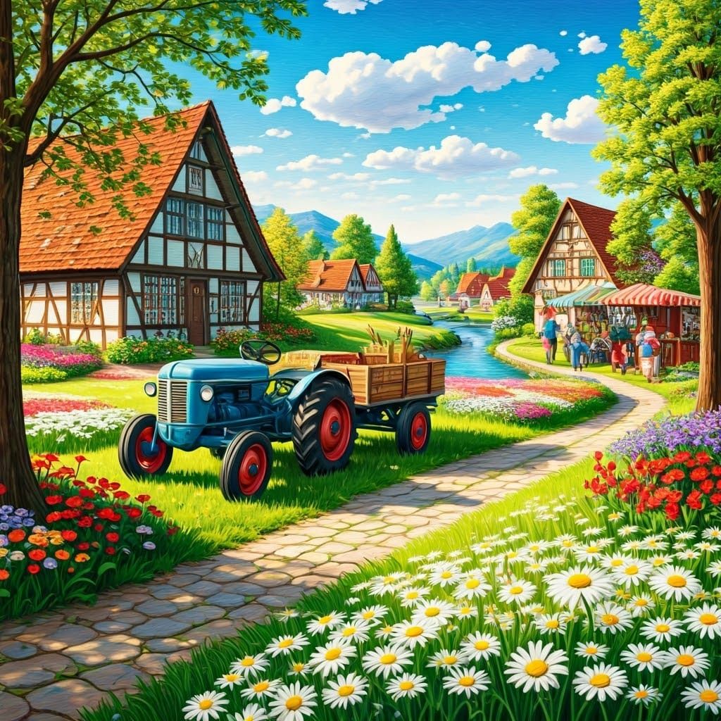 Vibrant Village Scene in Kandinsky-Inspired Art