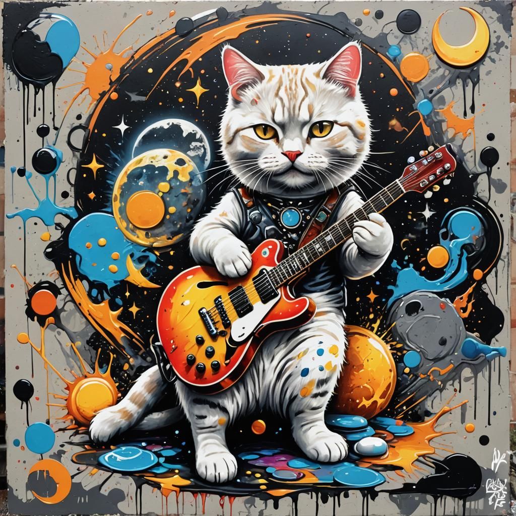 British Shorthair Cat Rocks in Graffiti Art Style