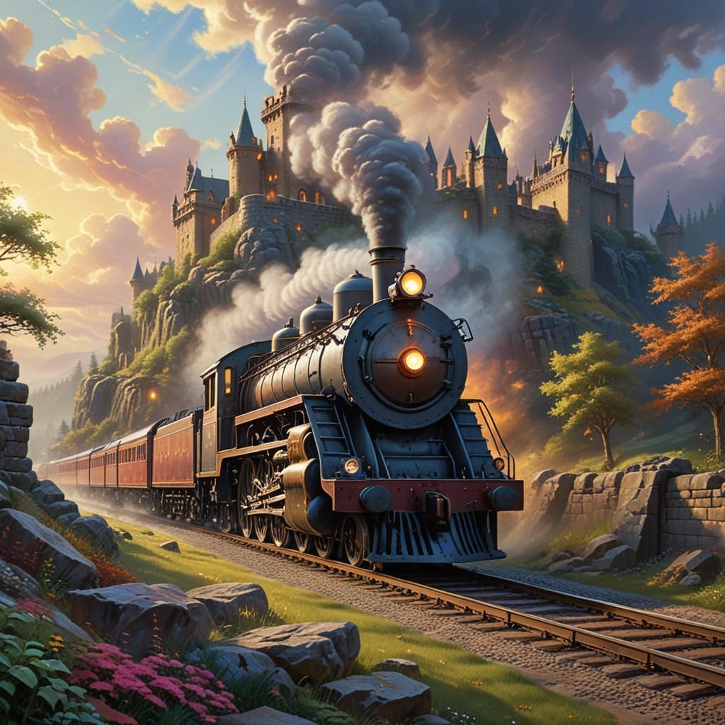 „Dampflok und Burg vereint: Fantasiewelten entfalten sich im Abendlicht“