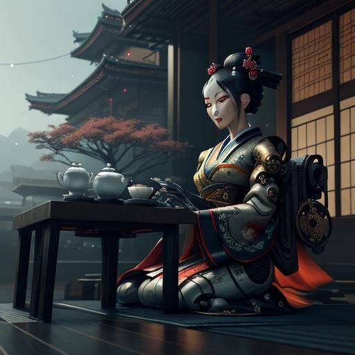 Futuristic Geisha Robot Tea Ceremony in Sci-Fi Style