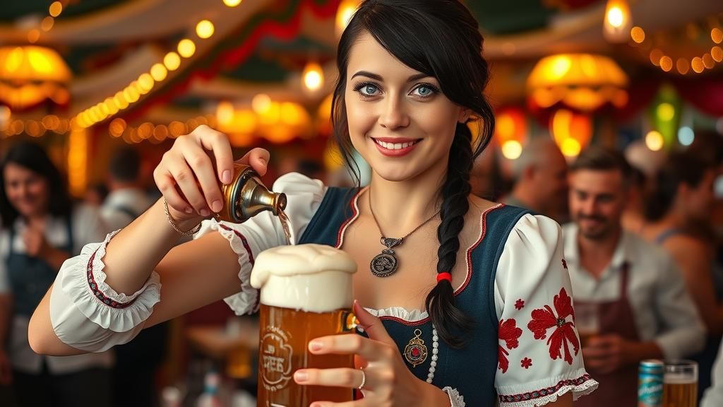 Oktoberfest Beauty Pours Beer in Bavarian Dirndl