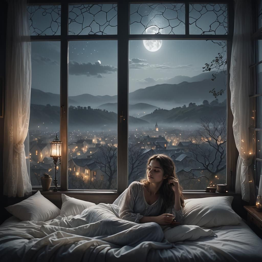 Ethereal Girl in Bed with Wine, Mystical Realism